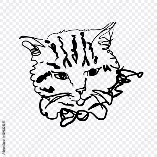 Artistic line illustration featuring a cat face with detailed markings. The cat is adorned with a small bow, lending a playful touch to the sketch on a transparent background.bow