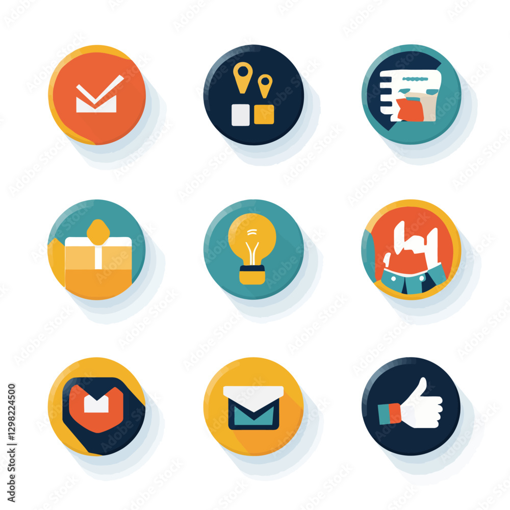 Flat Icon Set for Web Design: Communication, Location, Lightbulb, Graph Flat Icon Set for Web Design: Communication, Location, Lightbulb, Graph