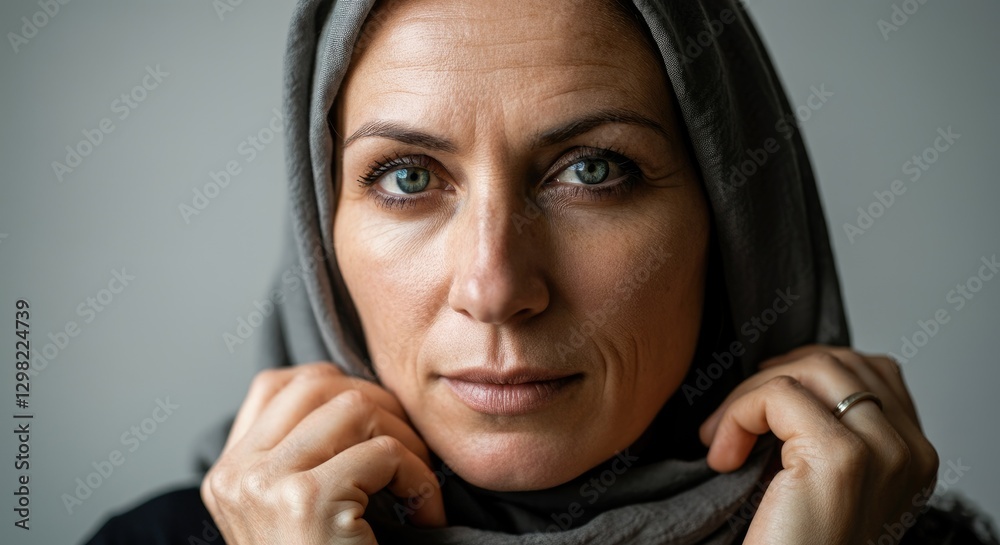 Close-up of woman with green eyes in hijab adjusting it her hands Close-up of woman with green eyes in hijab adjusting it her hands