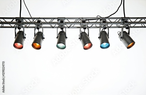 Multiple spotlights with different color temperatures hang on metallic traverse. Theatrical stage lighting equipment for music concert, events, shows. Interior illumination, light design at club,