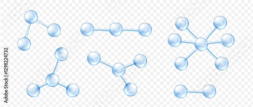 Illustration featuring various transparent molecular structures with interconnected spheres on a white background, showcasing different chemical models for educational purposes.