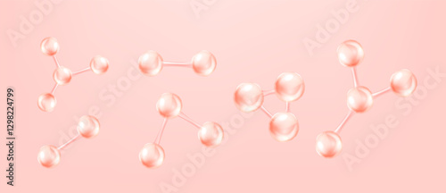 Artistic depiction of molecular structures with glossy spheres connected by rods on a soft pink gradient background. This illustration symbolizes modern science and chemistry.