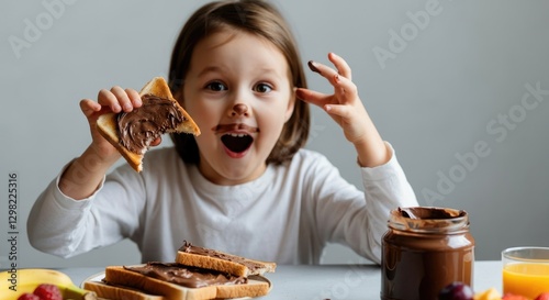 Happy child enjoying chocolate spread on toast, showing excitement
