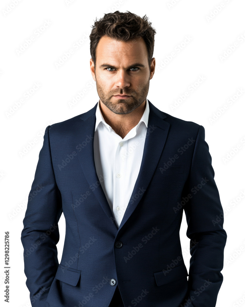 Serious businessman with hands in pockets on transparent background