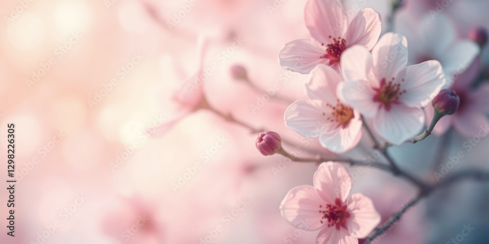 Delicate cherry blossoms in soft sunlight, close-up with blurred background, spring beauty, copy space Delicate cherry blossoms in soft sunlight, close-up with blurred background, spring beauty, copy space
