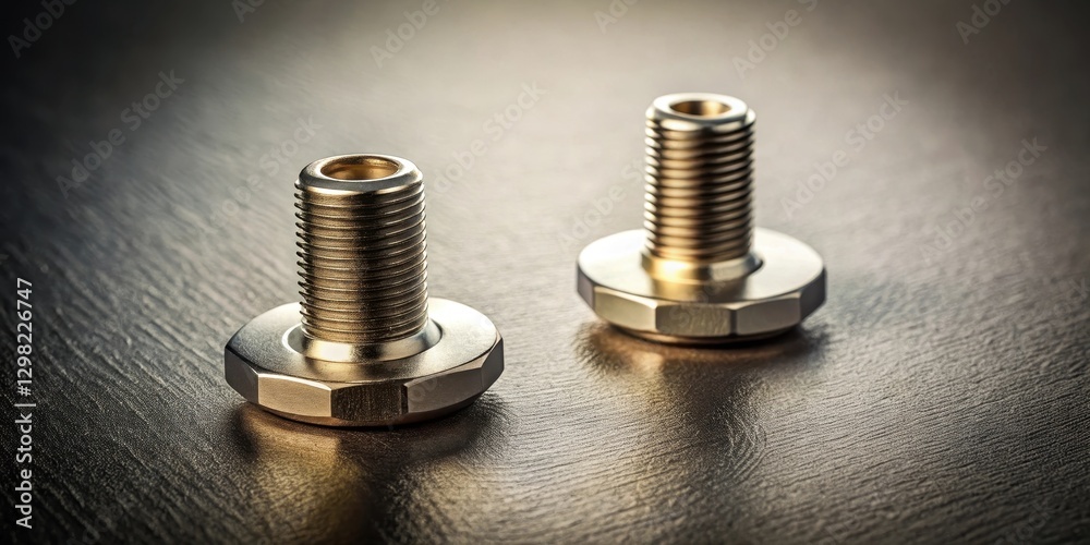 Fototapeta premium Close-up view of two metallic fasteners, meticulously crafted with precision engineering, showcasing their detailed threading and gleaming surface on a dark background.