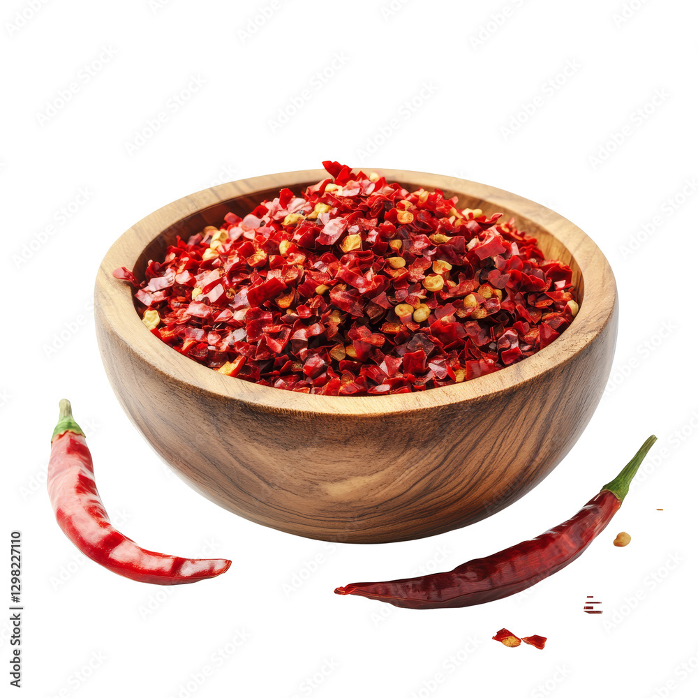 Vibrant crushed red chili pepper rests in a wooden bowl on a surface with whole chili peppers nearby for added flair, Crushed red chili pepper in wood bowl isolated on transparent background Vibrant crushed red chili pepper rests in a wooden bowl on a surface with whole chili peppers nearby for added flair, Crushed red chili pepper in wood bowl isolated on transparent background