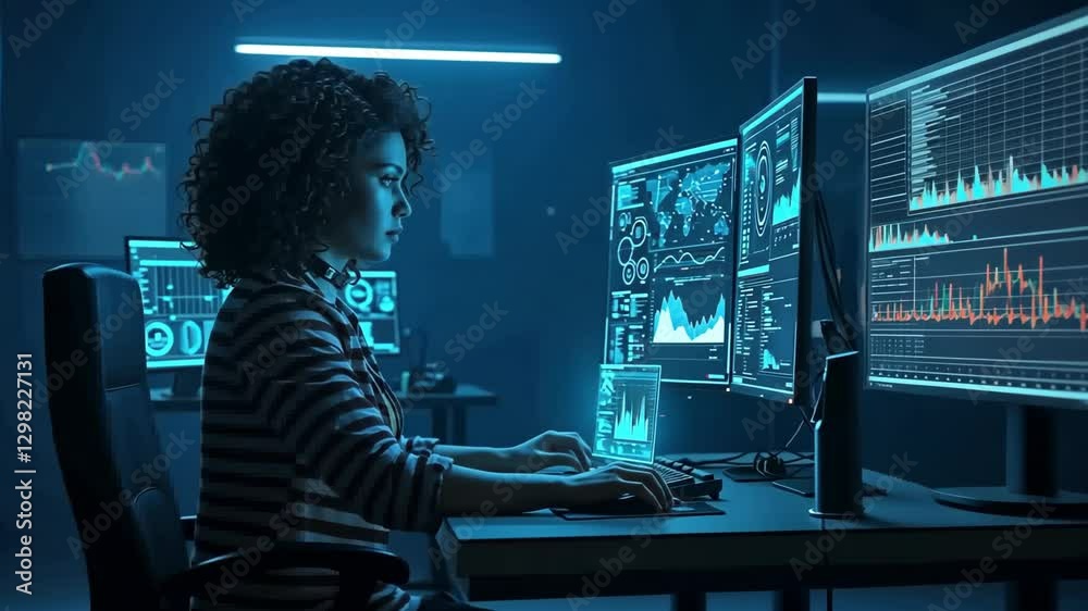 Female cybersecurity expert working on multiple monitors in a high-tech environment