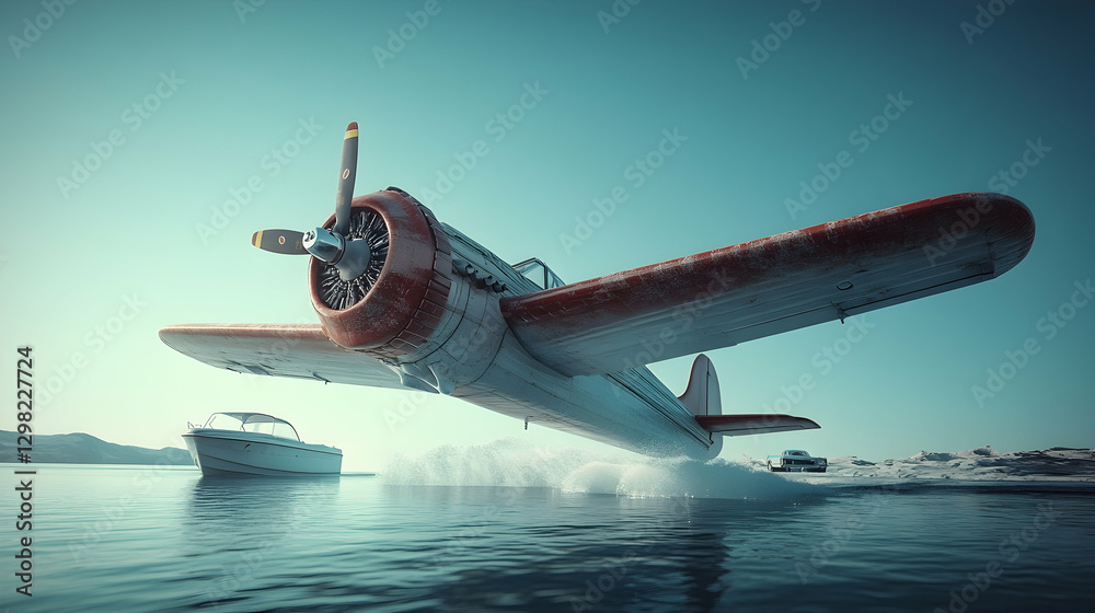 Naklejka premium Vintage plane water landing, icy lake, snowy mountains