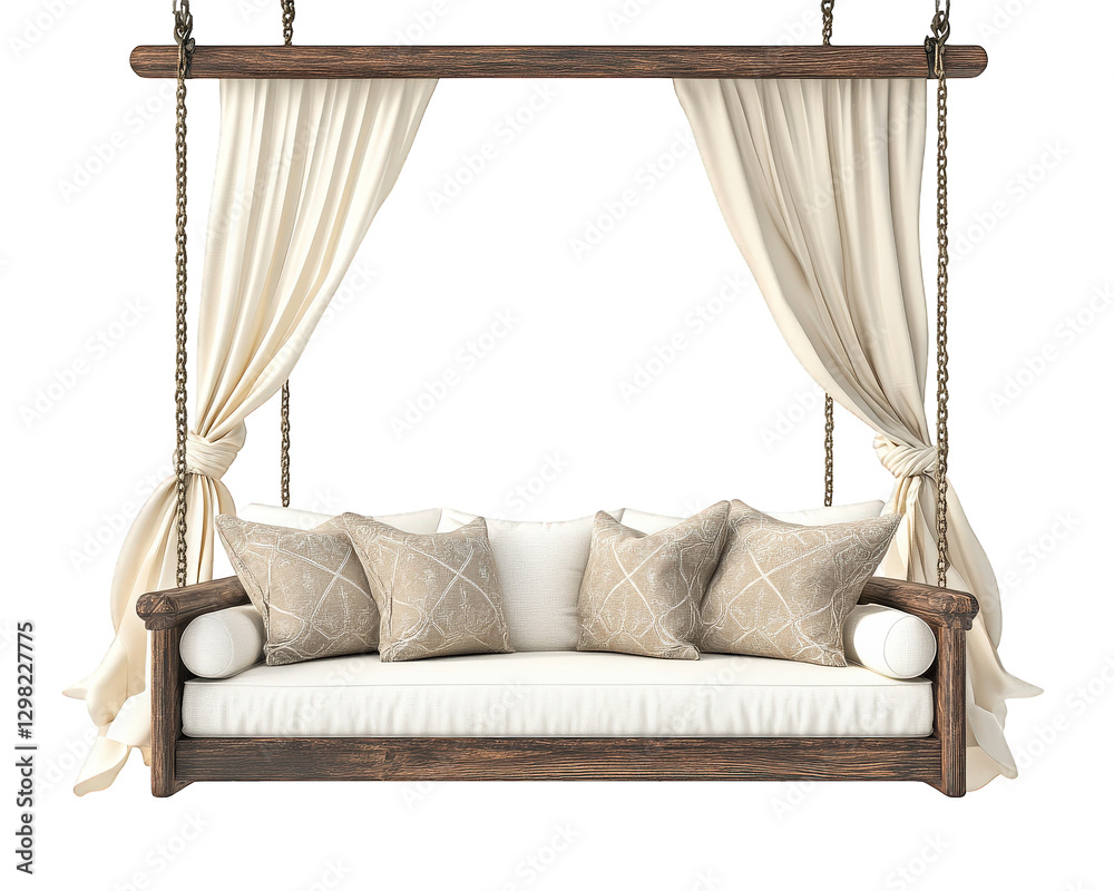 Luxurious porch swing with plush cushions and canopy, perfect for relaxation. elegant design features soft fabrics and rustic wooden frame, creating cozy atmosphere Luxurious porch swing with plush cushions and canopy, perfect for relaxation. elegant design features soft fabrics and rustic wooden frame, creating cozy atmosphere