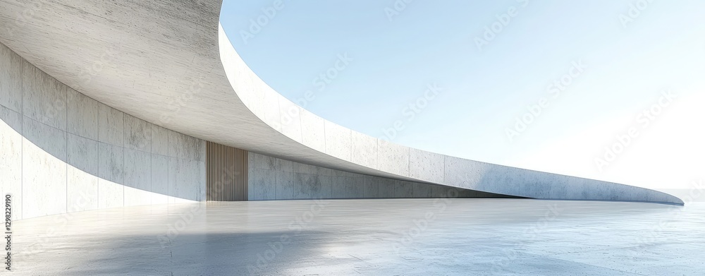 Fototapeta premium modern concrete building interior with a large open space and a white curved wall, against a light blue sky background. Minimalist architecture concept