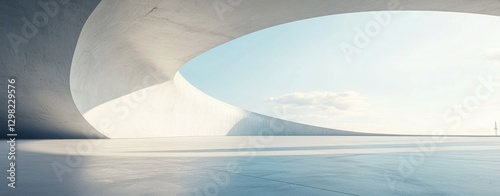 modern concrete building interior with a large open space and a white curved wall, against a light blue sky background. Minimalist architecture concept