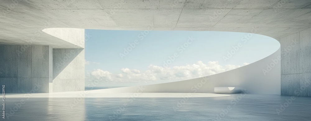 modern concrete building interior with a large open space and a white curved wall, against a light blue sky background. Minimalist architecture concept modern concrete building interior with a large open space and a white curved wall, against a light blue sky background. Minimalist architecture concept