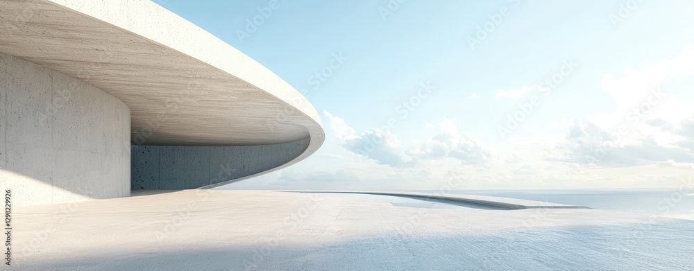 modern concrete building interior with a large open space and a white curved wall, against a light blue sky background. Minimalist architecture concept modern concrete building interior with a large open space and a white curved wall, against a light blue sky background. Minimalist architecture concept