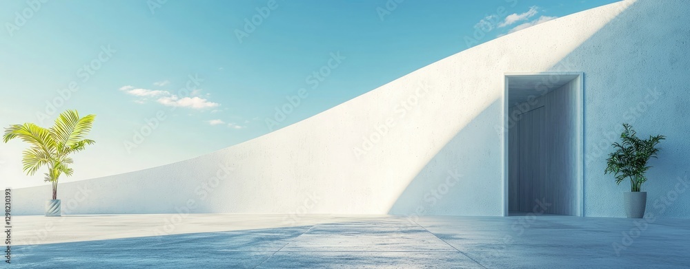 Fototapeta premium empty concrete floor with a curved wall and an entrance door in a modern minimalist architectural background, an interior design concept scene