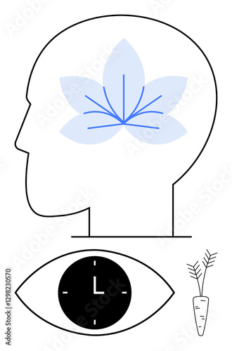 Silhouette head with floral brain, clock inside eye, and carrot represents self-care, vision, time, mindfulness, health, awareness and simplicity. Ideal for mental clarity focus wellness abstract