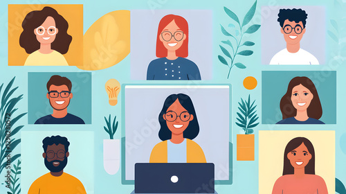 Diverse employees enjoying virtual mentorship expressing collaboration, unity, and joyful learning in modern digital environment