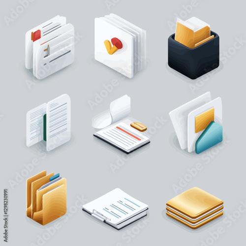 Isometric set of document and file icons symbolizing data and information