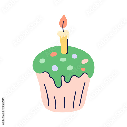 Easter cake with one burning candle. Happy Easter hand drawn card. Flat illustration with partial outline. Isolated vector illustration.