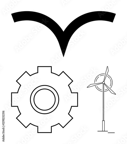 Gear symbol for innovation, wind turbine for renewable energy, and fluid curve for dynamic progress. Ideal for industries, sustainability, mechanics, clean energy, ecology, progress abstract line