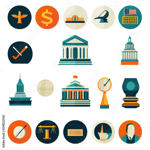 Government icons flat design set of financial legal and political symbols