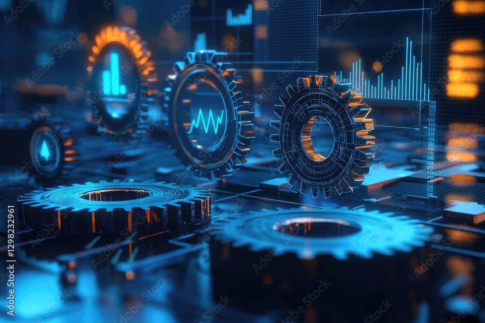 Fototapeta premium digital gears with holographic charts and graphs floating in the background, dark blue color theme, futuristic style