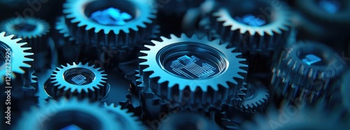 digital gears with holographic charts and graphs floating in the background, dark blue color theme, futuristic style