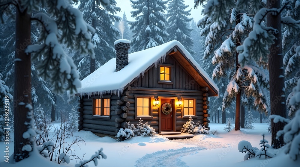 A cozy wooden cabin in a snowy forest, with warm glowing lights shining through the frosted windows, A cozy wooden cabin in a snowy forest, with warm glowing lights shining through the frosted windows,