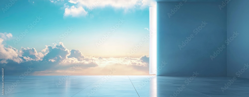 empty concrete floor with an entrance and a sky background. Modern architecture concept, abstract open space interior design