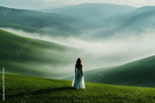 A beautiful woman stands in the center of an endless green valley, surrounded by misty mountains. photo