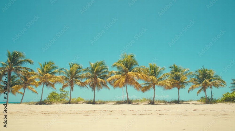 Lush palm trees lining a serene beach under a clear blue sky in a tropical paradise setting. Generative AI Lush palm trees lining a serene beach under a clear blue sky in a tropical paradise setting. Generative AI