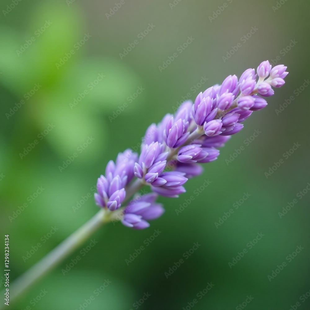 Close-up shot of delicate lavender petals on a green stem, vibrant, beauty Close-up shot of delicate lavender petals on a green stem, vibrant, beauty
