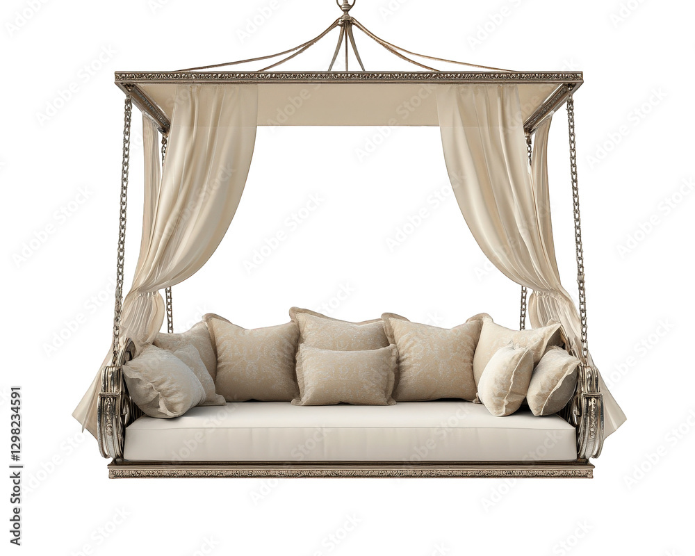 Luxurious porch swing with plush cushions and canopy, perfect for relaxation and outdoor enjoyment. Ideal for gardens or patios, adding elegance to any space Luxurious porch swing with plush cushions and canopy, perfect for relaxation and outdoor enjoyment. Ideal for gardens or patios, adding elegance to any space