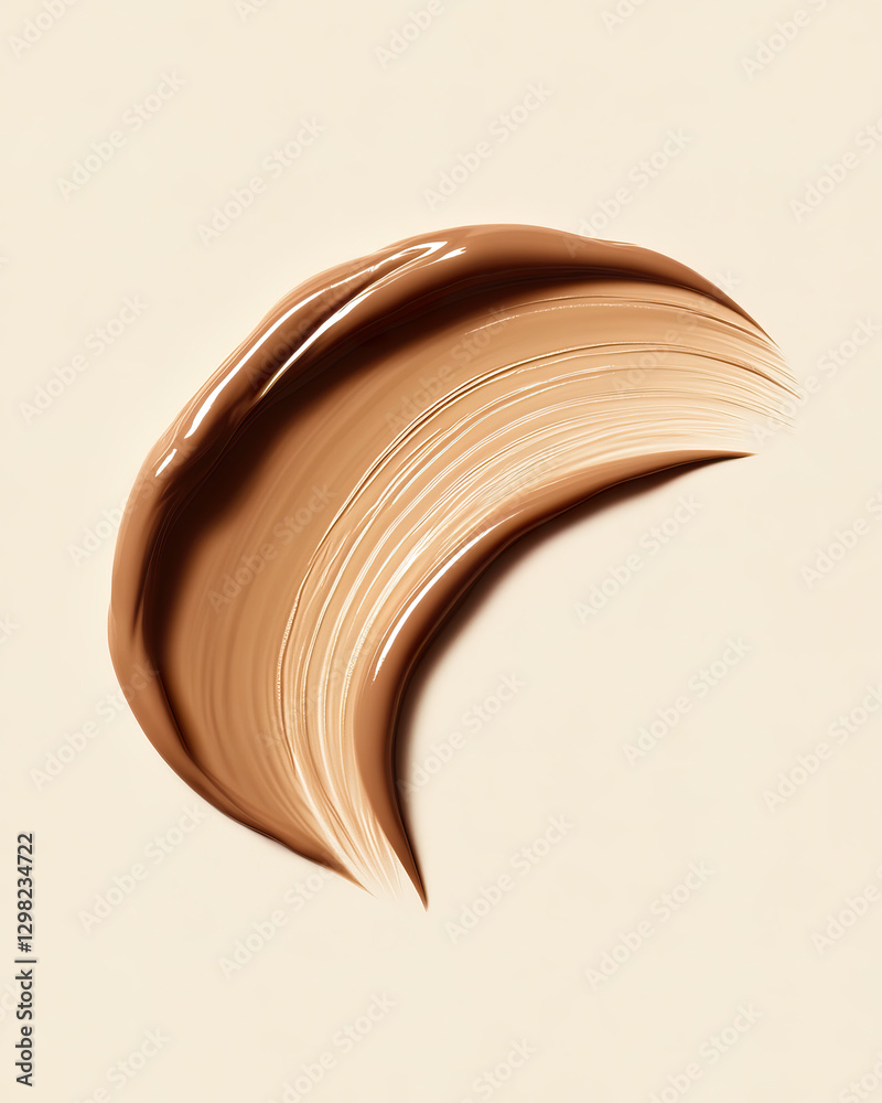 A striking close-up of rich, creamy beige foundation gently swirled on a soft, neutral backdrop, highlighting its smooth texture and glossy finish, ideal for beauty and cosmetics themes A striking close-up of rich, creamy beige foundation gently swirled on a soft, neutral backdrop, highlighting its smooth texture and glossy finish, ideal for beauty and cosmetics themes