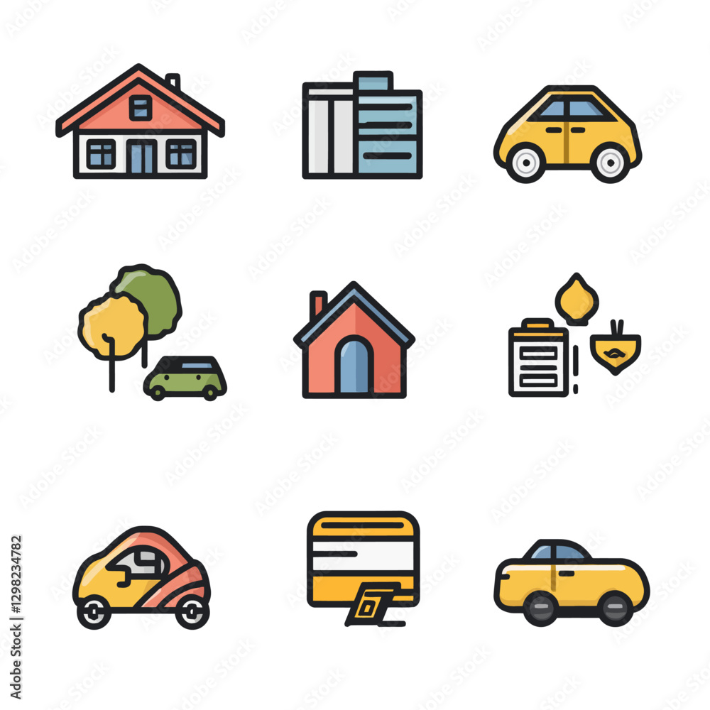 Icon Set Illustrating Sustainable City Living with Electric Vehicles