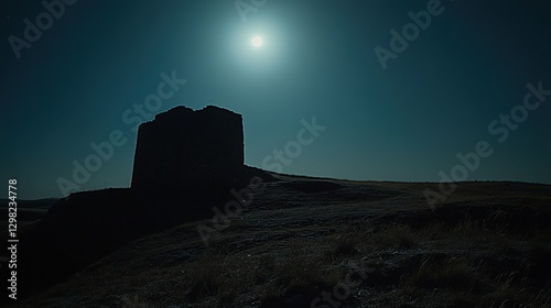 Ancient Castle on Hill Glowing Under Bright Full Moonlight