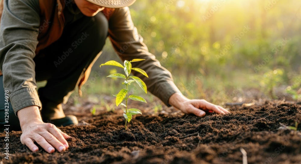Person planting tree sapling in soil outdoors at sunrise