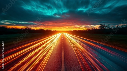 Highway Long Exposure with Streaking Lights Under Dramatic Sunset Sky