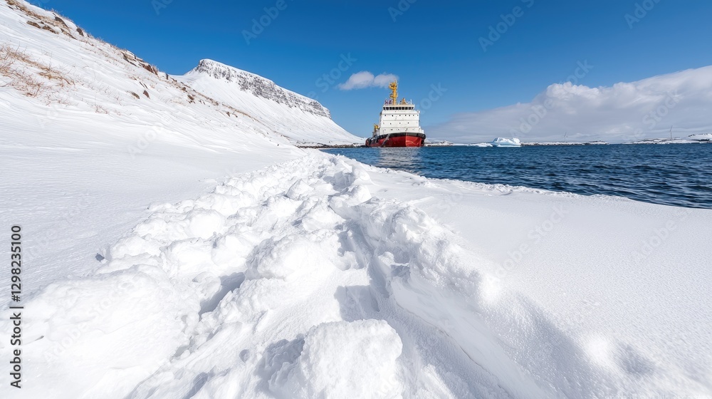 Obraz premium Snowy Arctic Coastline, Cargo Ship, Mountain Background, Winter Scenery, Stock Photo