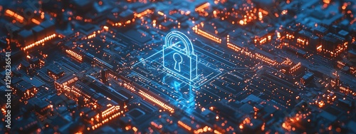 A digital padlock icon surrounded by glowing blue holographic lines on an electronic circuit board background, symbolizing advanced security technology and data protection in cyber architecture