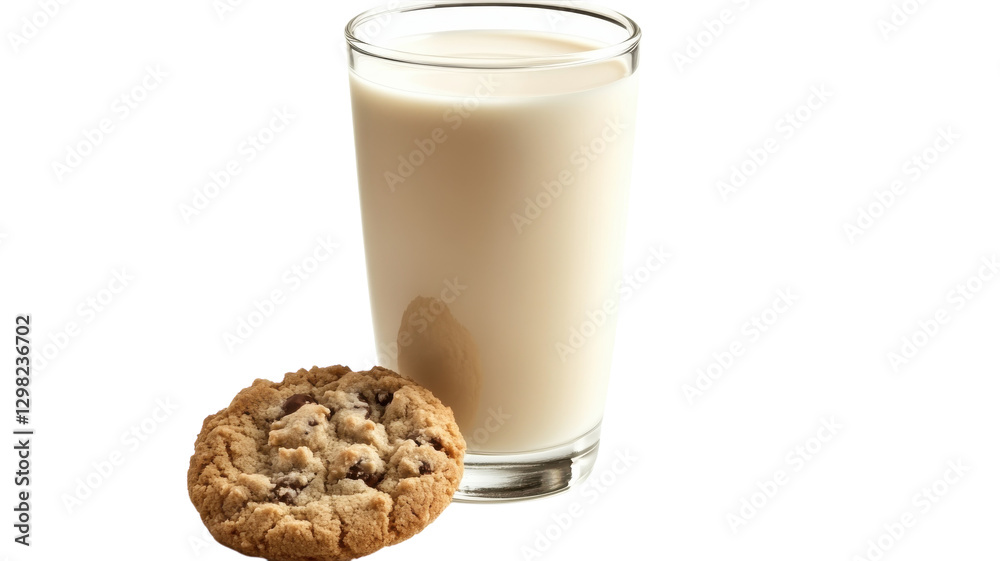 Enjoying a delicious chocolate chip cookie with a cold glass of milk at home during a cozy evening snack time Enjoying a delicious chocolate chip cookie with a cold glass of milk at home during a cozy evening snack time