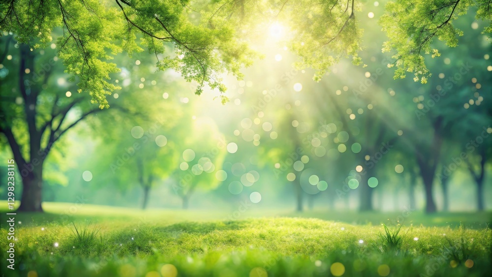 Fototapeta premium Serene Springtime Meadow, Sunlight Filtering Through Lush Green Canopy, Peaceful Nature Scene, Perfect for Relaxation and Tranquility