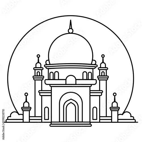 Mosque Islamic Building Line Art Black and White Vector Illustration. 