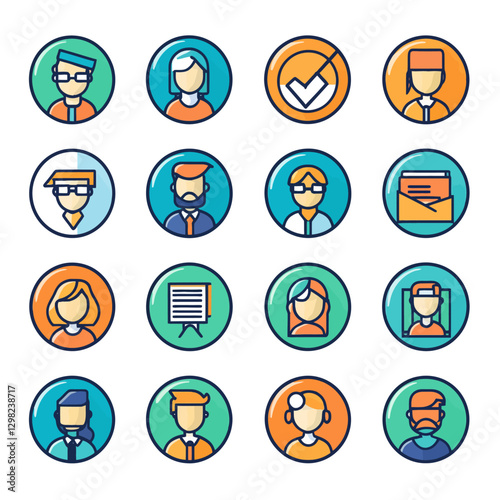 Business Team Diversity Flat Icon Set, Avatar Portraits in Color Circles