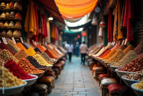Colorful spices and textiles at bustling Arabic market in Acre, Israel, market