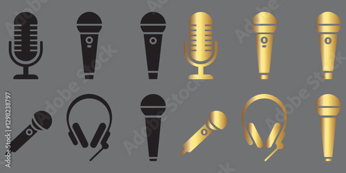 Luxury Audio Podcast Icons  Black Gold Microphone  Headset Symbols