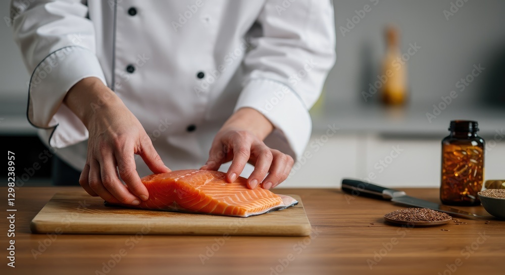 Obraz premium Chef preparing raw salmon on wooden cutting board in kitchen