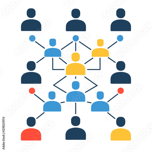 Network of connected people with leadership structure in blue red gold