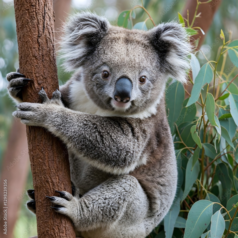 Naklejka premium Endearing Koala Clinging to a Eucalyptus Tree