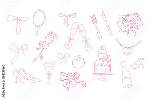 Romantic coquette set, pastel pink wedding feminine collection. Cude doodle baw, ribbon. Heart, flowers and presents, love letter.